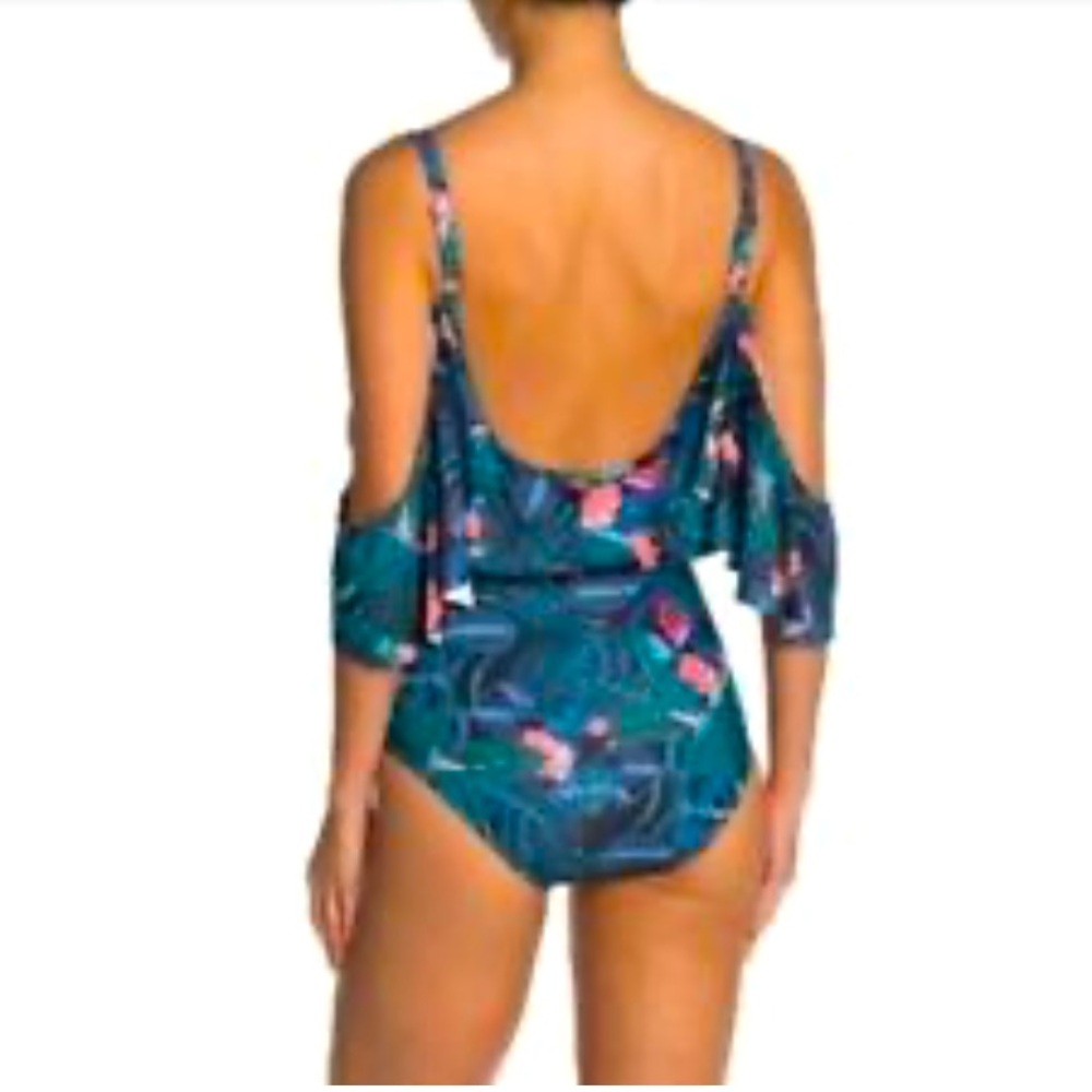 $120 Nicole Miller Swim Ruffled Sexy Shoulders One Piece Swimsuit Large